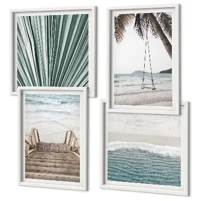 Conjunto de 4 quadros com moldura tema férias tropicais