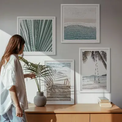 Conjunto de 4 quadros com moldura tema férias tropicais