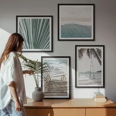 Conjunto de 4 quadros com moldura tema férias tropicais