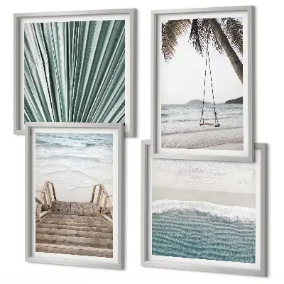 Conjunto de 4 quadros com moldura tema férias tropicais