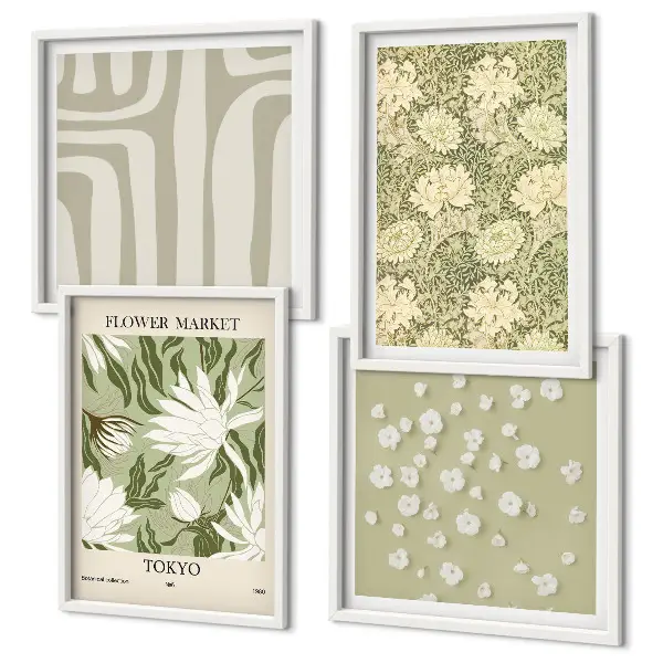 Composição de quadros estilo boho com plantas em tons pastel