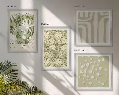 Composição de quadros estilo boho com plantas em tons pastel