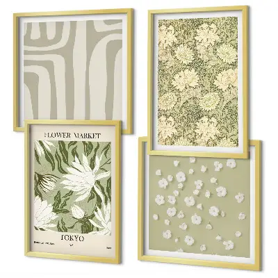 Composição de quadros estilo boho com plantas em tons pastel