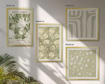 Composição de quadros estilo boho com plantas em tons pastel