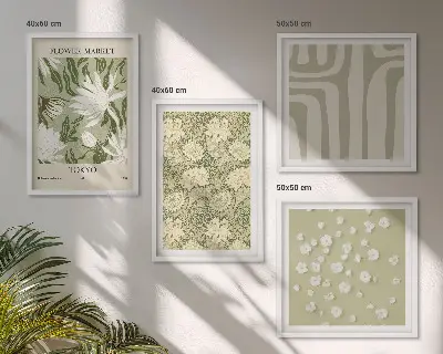 Composição de quadros estilo boho com plantas em tons pastel