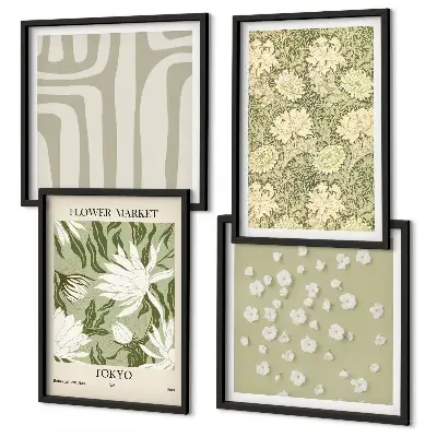 Composição de quadros estilo boho com plantas em tons pastel