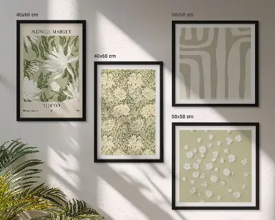 Composição de quadros estilo boho com plantas em tons pastel
