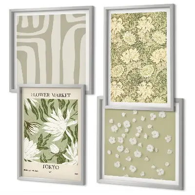 Composição de quadros estilo boho com plantas em tons pastel