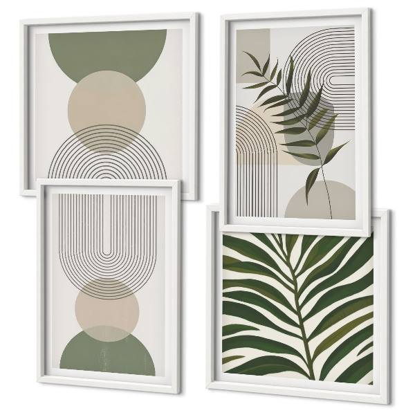Conjunto de 4 quadros com moldura Folhas abstratas em estilo boho