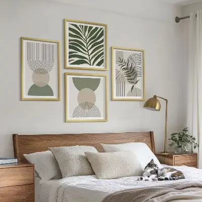 Conjunto de 4 quadros com moldura com estampas de folhas abstratas em estilo boho