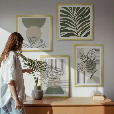 Conjunto de 4 quadros com moldura com estampas de folhas abstratas em estilo boho