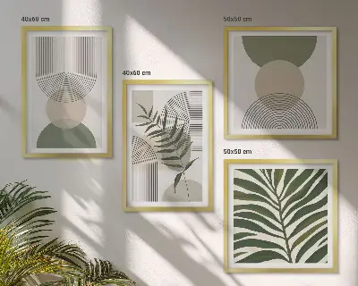 Conjunto de 4 quadros com moldura com estampas de folhas abstratas em estilo boho