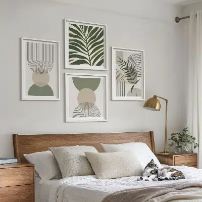 Conjunto de 4 quadros com moldura com estampas de folhas abstratas em estilo boho