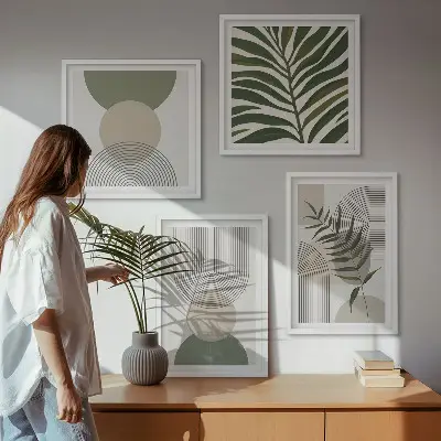 Conjunto de 4 quadros com moldura com estampas de folhas abstratas em estilo boho