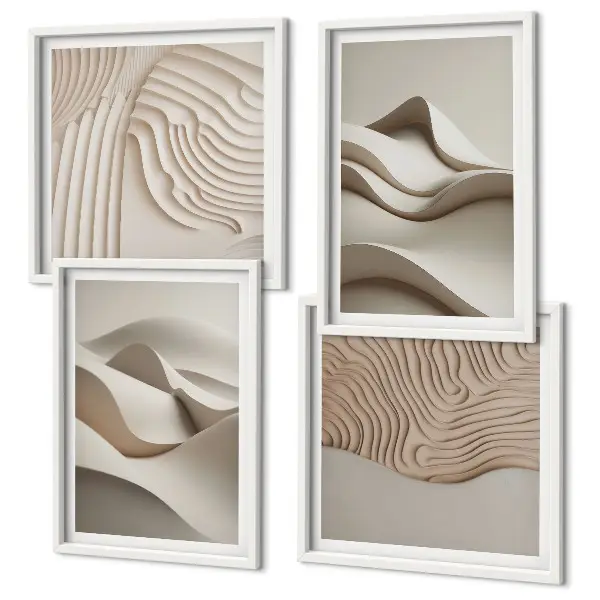 Conjunto de 4 quadros com moldura com estampa de ondas abstratas em tons de bege