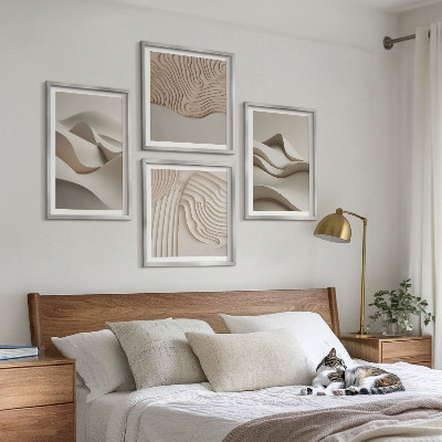 Conjunto de 4 quadros com moldura Ondas bege abstratas