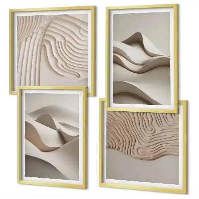 Conjunto de 4 quadros com moldura com estampa de ondas abstratas em tons de bege
