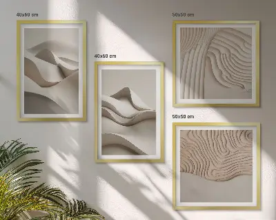 Conjunto de 4 quadros com moldura com estampa de ondas abstratas em tons de bege