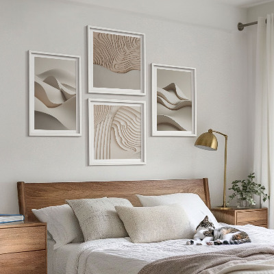 Conjunto de 4 quadros com moldura Ondas bege abstratas