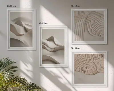 Conjunto de 4 quadros com moldura com estampa de ondas abstratas em tons de bege