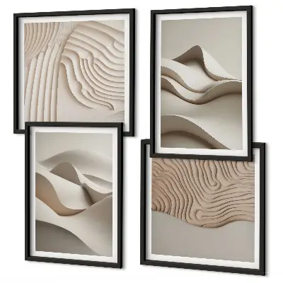 Conjunto de 4 quadros com moldura com estampa de ondas abstratas em tons de bege