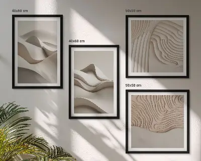 Conjunto de 4 quadros com moldura com estampa de ondas abstratas em tons de bege