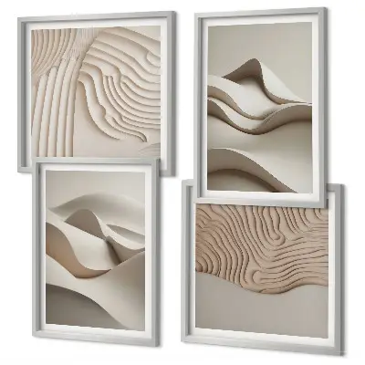 Conjunto de 4 quadros com moldura com estampa de ondas abstratas em tons de bege