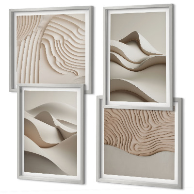 Conjunto de 4 quadros com moldura Ondas bege abstratas