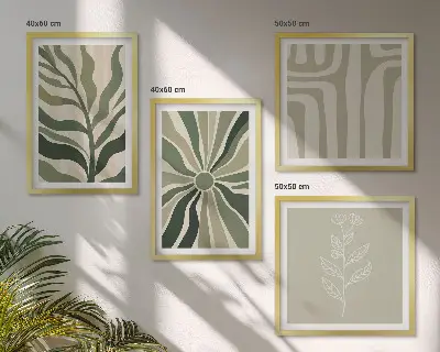 Conjunto de quadros com estampas minimalistas de plantas em verde