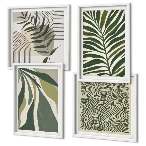 Composição de quadros com ilustrações de folhas e ondas em tons pastel