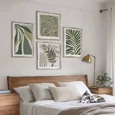 Composição de quadros com ilustrações de folhas e ondas em tons pastel