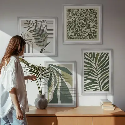Composição de quadros com ilustrações de folhas e ondas em tons pastel