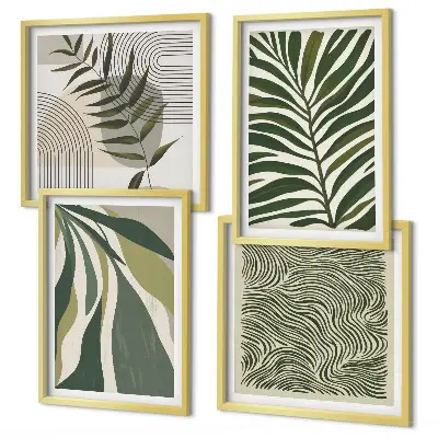 Composição de quadros com ilustrações de folhas e ondas em tons pastel
