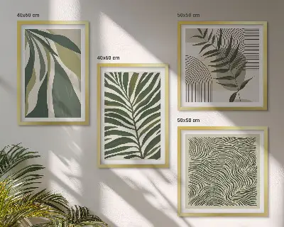 Composição de quadros com ilustrações de folhas e ondas em tons pastel