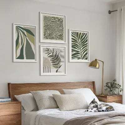 Composição de quadros com ilustrações de folhas e ondas em tons pastel