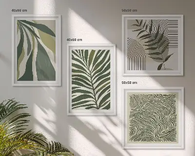 Composição de quadros com ilustrações de folhas e ondas em tons pastel