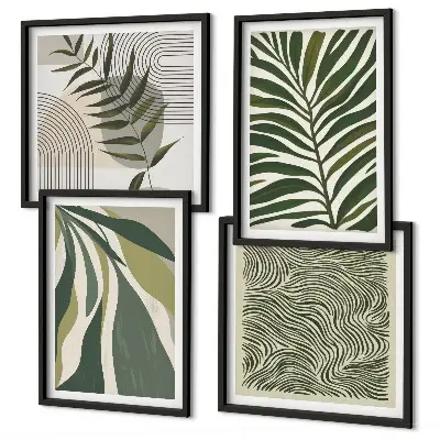 Composição de quadros com ilustrações de folhas e ondas em tons pastel