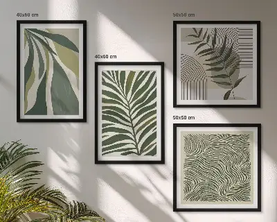 Composição de quadros com ilustrações de folhas e ondas em tons pastel