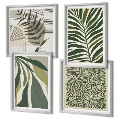 Composição de quadros com ilustrações de folhas e ondas em tons pastel