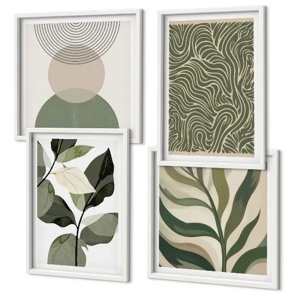 Composição de quadros com folhas e formas geométricas abstratas