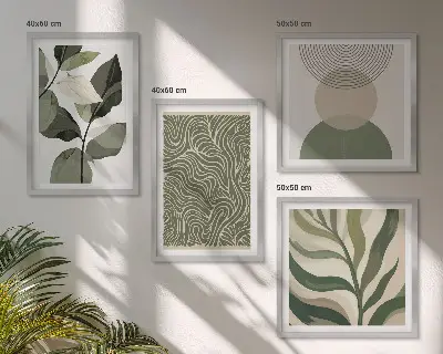 Composição de quadros com folhas e formas geométricas abstratas