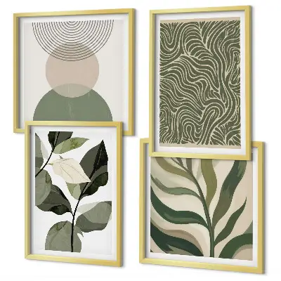 Composição de quadros com folhas e formas geométricas abstratas
