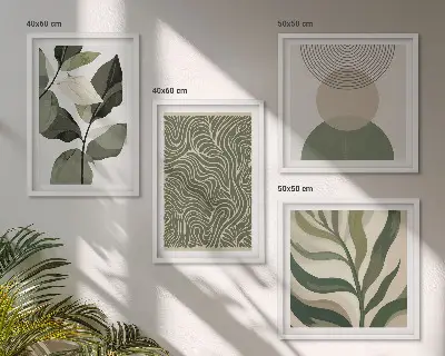 Composição de quadros com folhas e formas geométricas abstratas