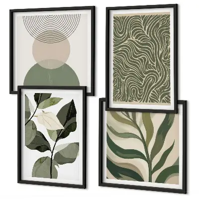 Composição de quadros com folhas e formas geométricas abstratas