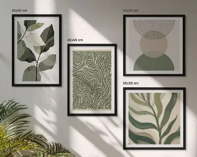 Composição de quadros com folhas e formas geométricas abstratas