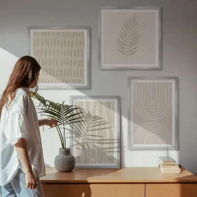 Conjunto de 4 quadros com moldura com padrões de plantas bege