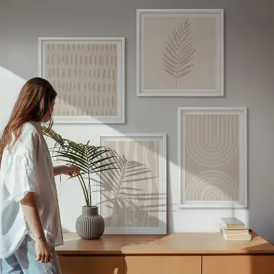 Conjunto de 4 quadros com moldura com padrões de plantas bege