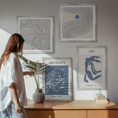 Conjunto de 4 quadros com moldura pôster abstrato com linhas e ondas