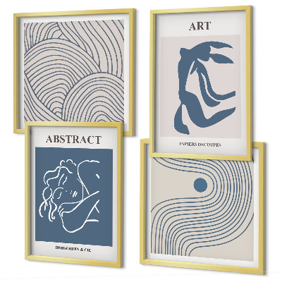 Conjunto de 4 quadros com moldura pôster abstrato com linhas e ondas