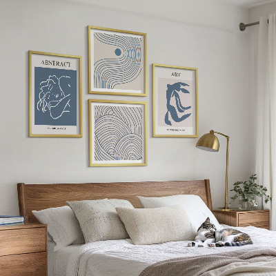 Conjunto de 4 quadros com moldura pôster abstrato com linhas e ondas